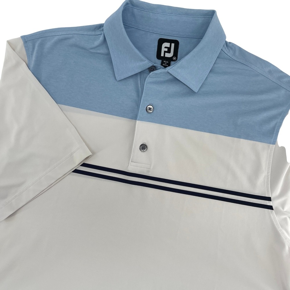 FJ FootJoy Mens Golf Polo Shirt Light Blue White Stripe‎ Short Sleeve Size M